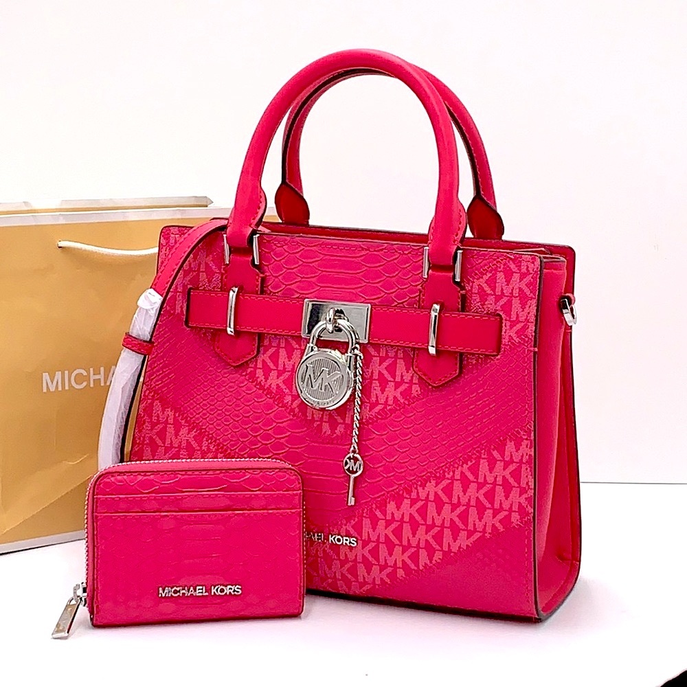 Michael Kors Hamilton Small Satchel & Medium zip around card case electric Pink - Picture 1 of 16